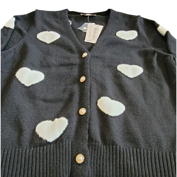 Nanette Lepore Heart Print Cardigan Black White Pearl Button XL Romantic Chic - Picture 12 of 17